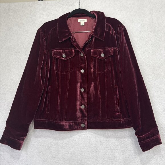 Sundance Jacket Womens Medium Burgundy Velvet Trucker Silk Blend Button Front - Picture 1 of 7